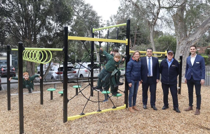 Michael Sukkar MP with students from Malborough Primary School at the opening of their Junior Playground