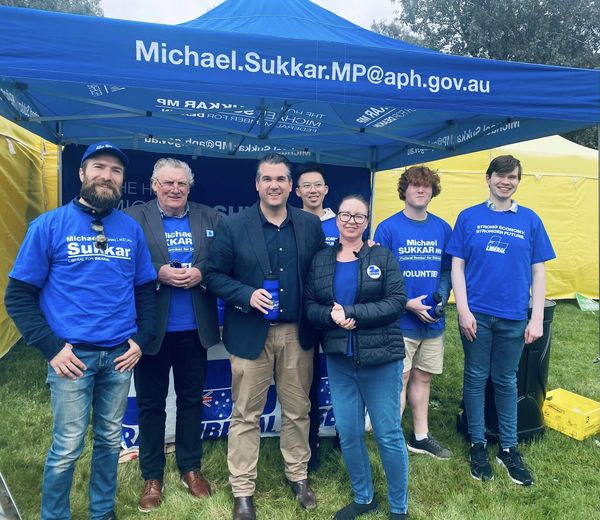 Michael Sukkar MP standing with Liberal Volunteers at the Whitehorse Spring Festival