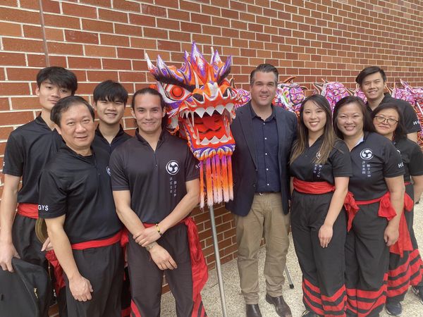 Michael Sukkar MP posing with people from the chinese community at the Whitehorse Spring festival